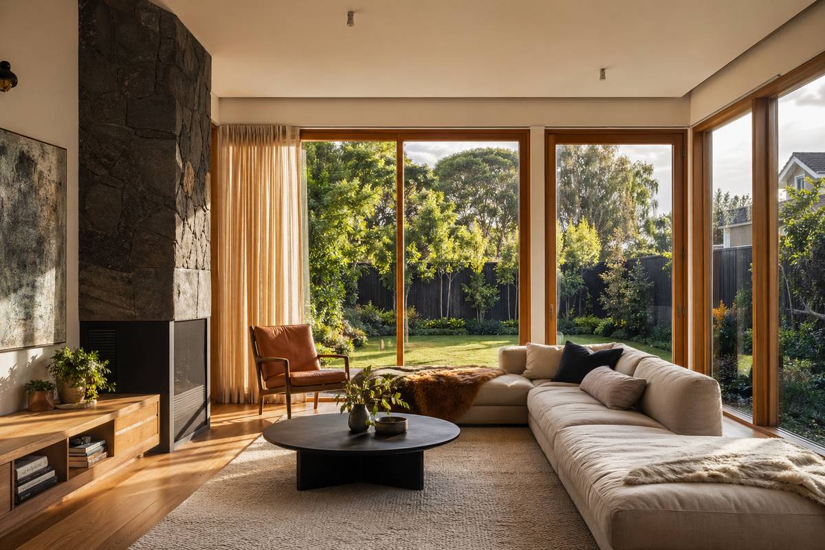 Double glazed timber windows in a modern Melbourne home with garden views