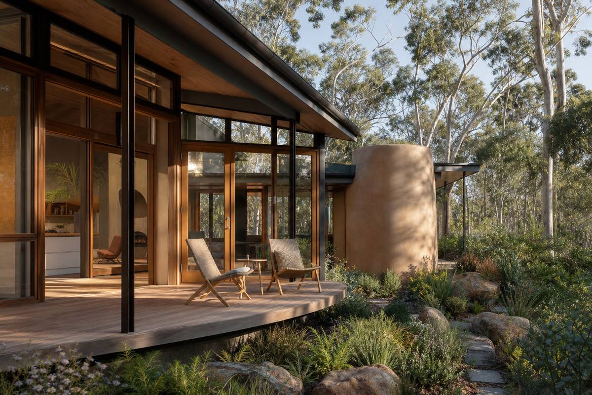 Sustainable Australian home with timber-framed windows surrounded by native garden