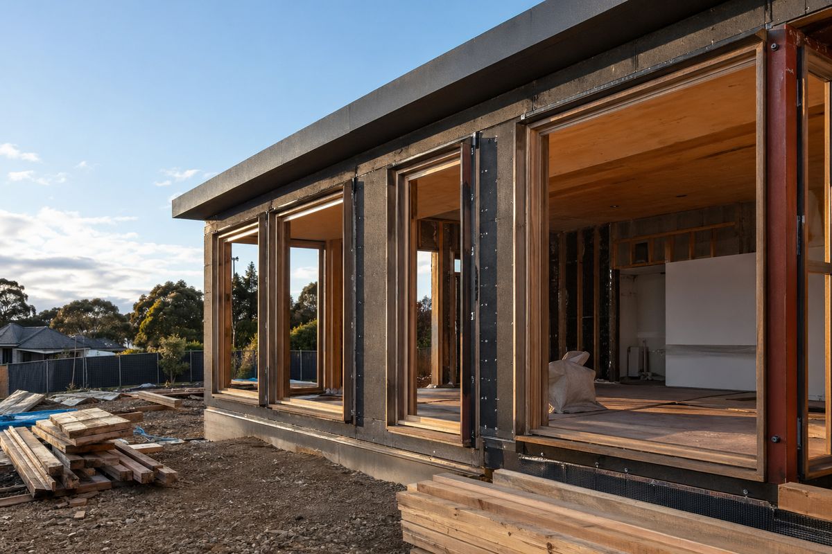 New home build in Melbourne with timber-framed windows being installed