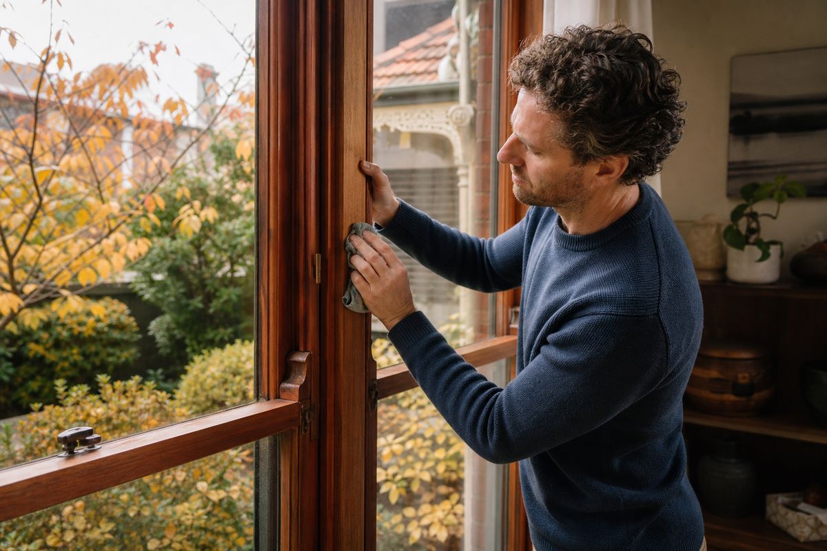 Melbourne homeowner maintaining timber window frames with seasonal care routine
