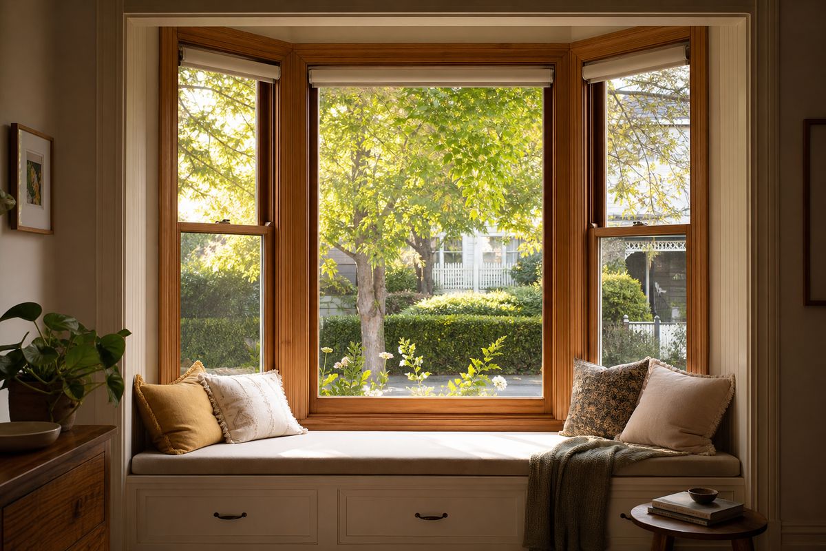 Timber bay window in a Melbourne weatherboard home with garden views and natural light