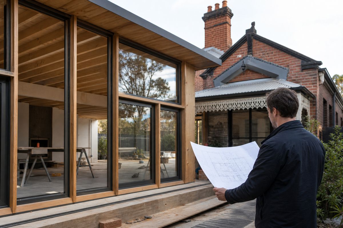 Architect reviewing plans for Melbourne home extension with large timber-framed windows