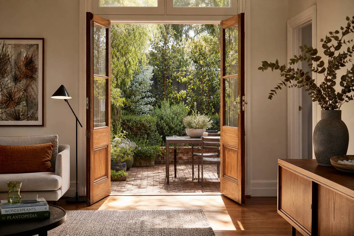 Timber French doors opening from a Melbourne living room to a sunlit garden patio