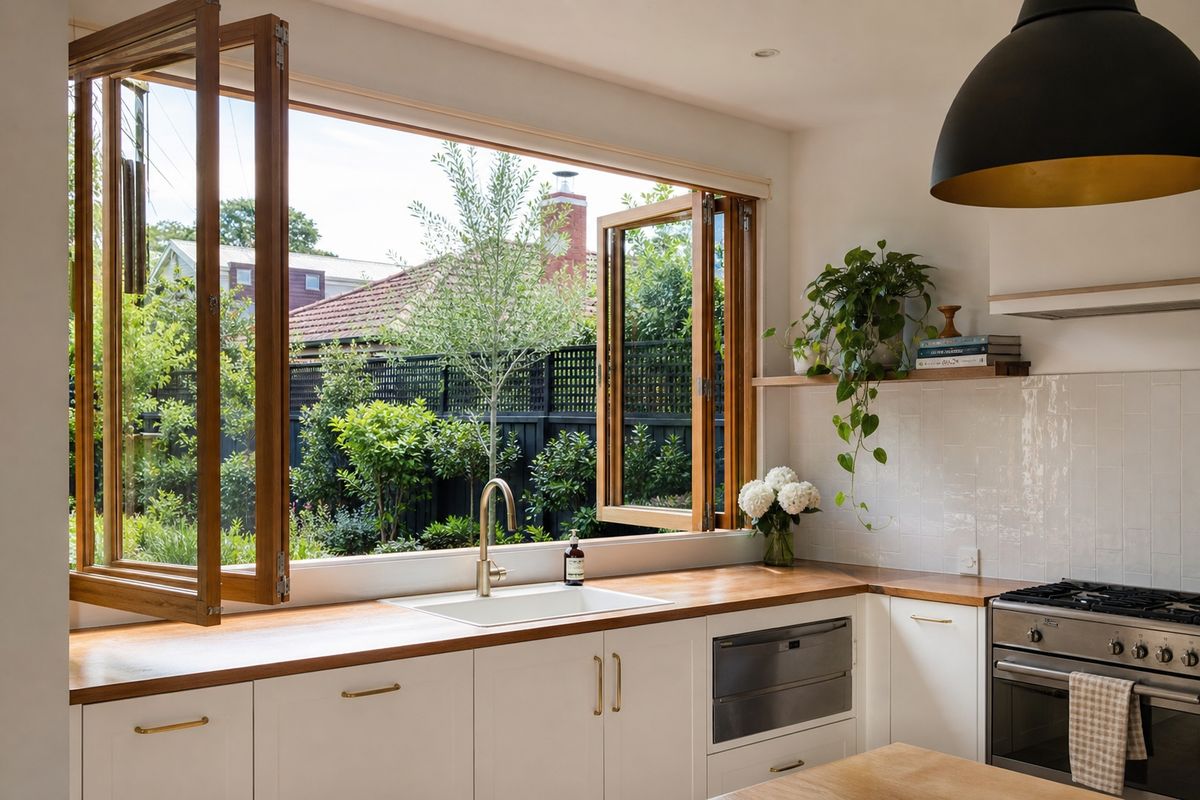 Timber casement windows open wide in a modern Melbourne kitchen with garden views