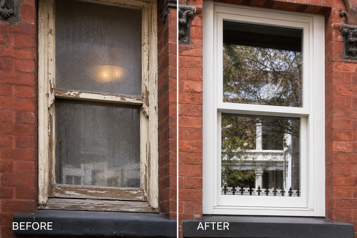 Comparison of old weathered window and new timber double-glazed window on Melbourne home