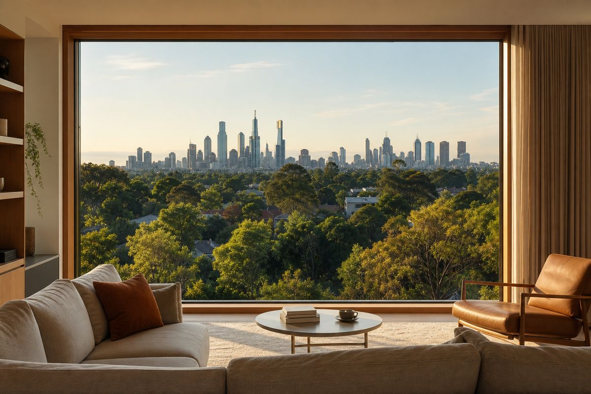 Large timber picture window framing panoramic garden and city views in a Melbourne living room