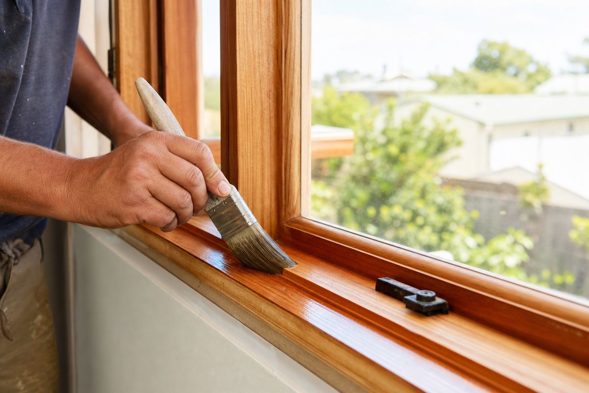 Craftsperson applying a protective finish to a timber window frame