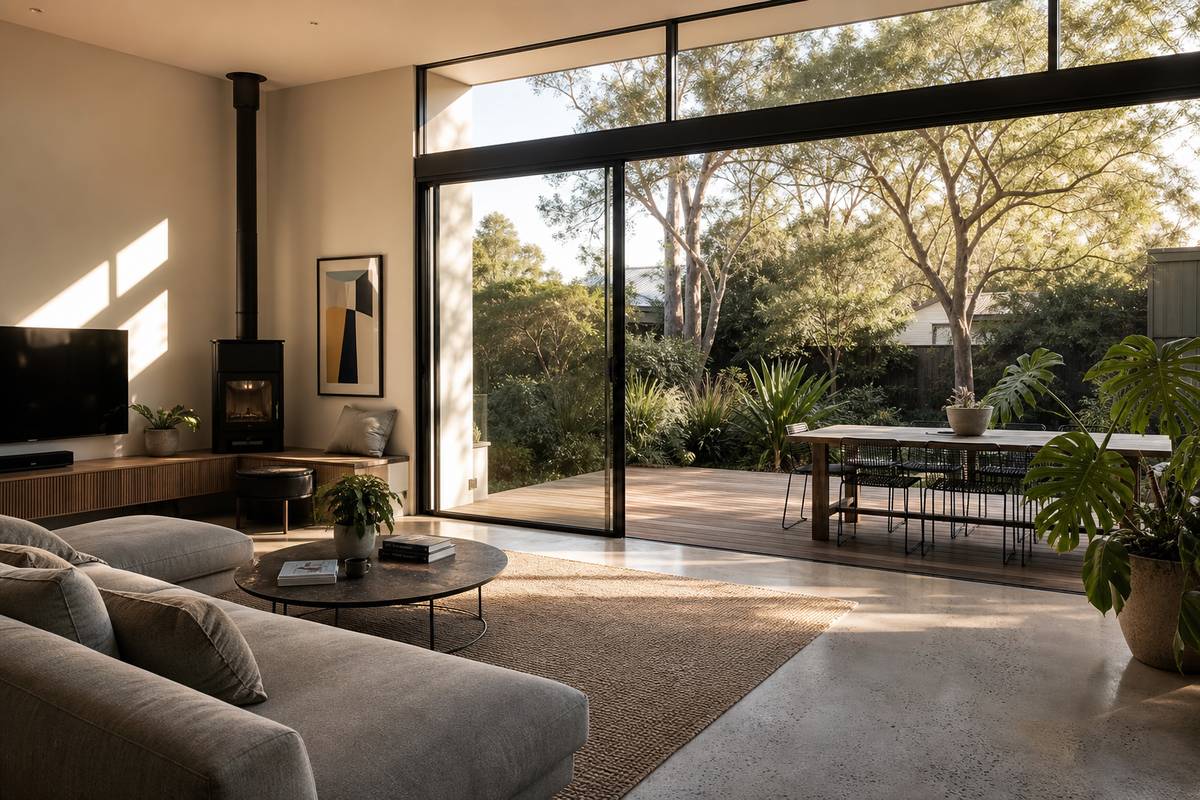 Large glazed sliding doors opening from a Melbourne living room onto a timber deck