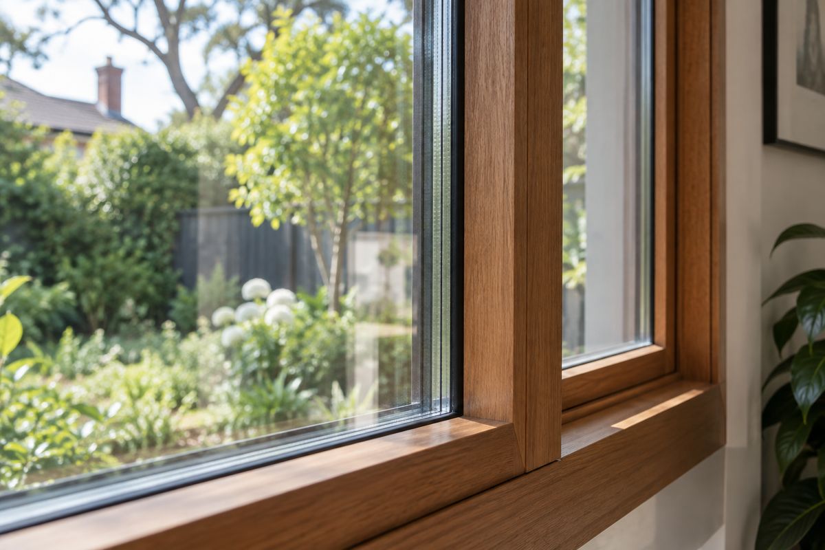 Timber window frame with double glazed glass panes showing different window glass types for a Melbourne home